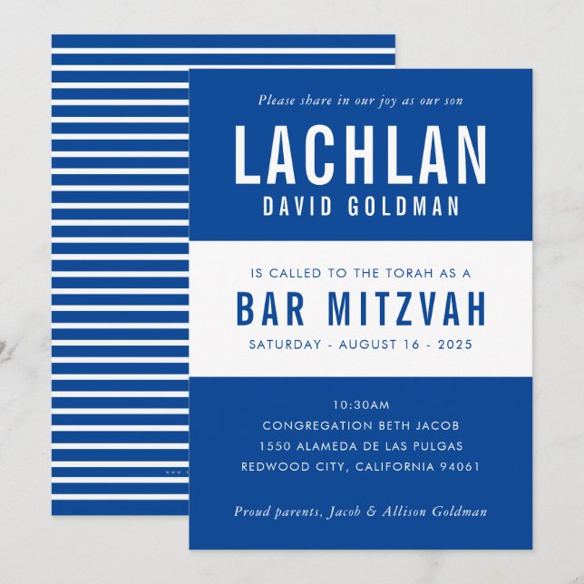 BAR MITZVAH modern minimal typography blue white Invitation (Front/Back)