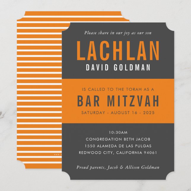 BAR MITZVAH modern minimal typography grey orange Invitation (Front/Back)