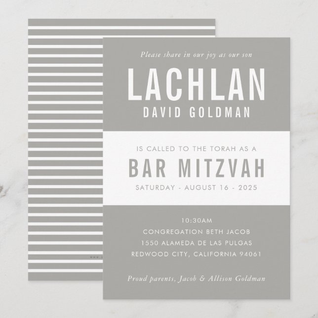 BAR MITZVAH modern minimal typography grey white Invitation (Front/Back)