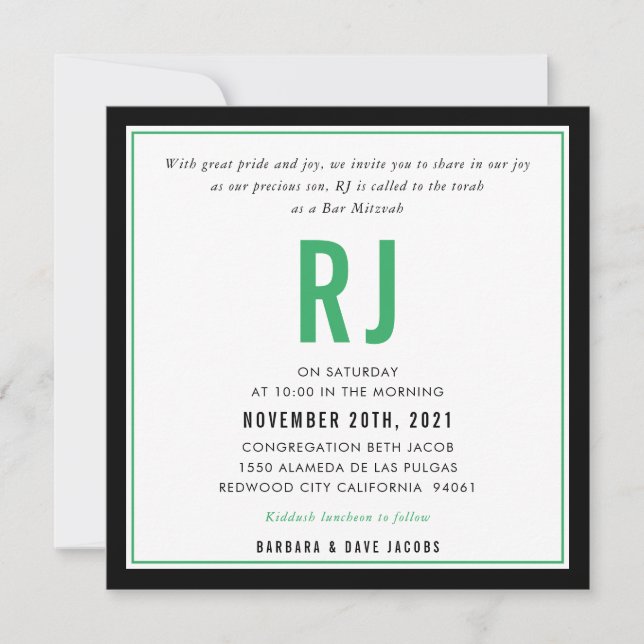 BAR MITZVAH modern name black kelly green Invitation (Front)