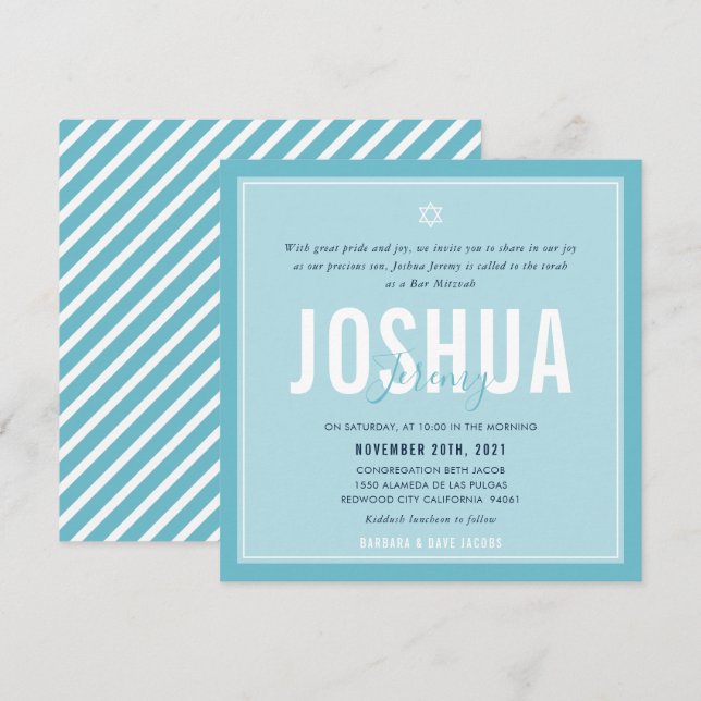 BAR MITZVAH modern name bright sky blue Invitation (Front/Back)