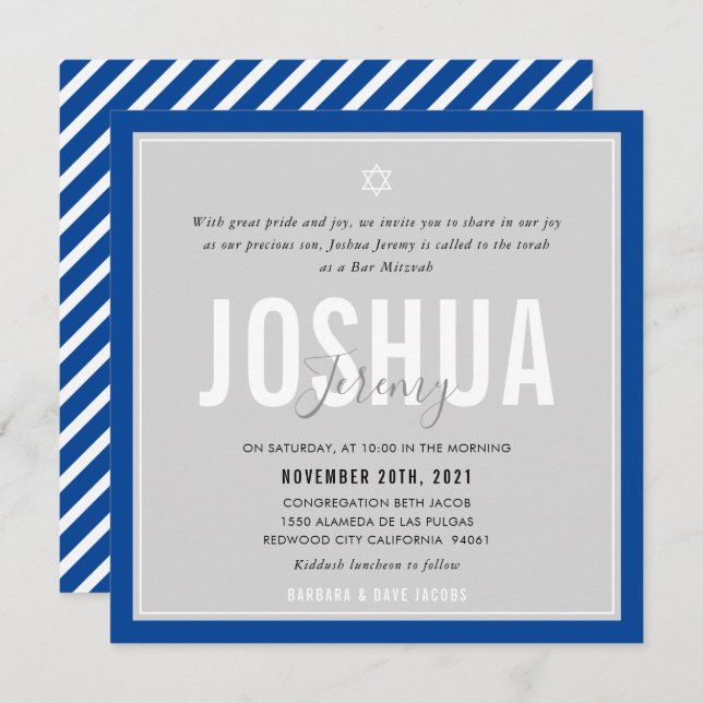 BAR MITZVAH modern name gray royal blue Invitation (Front/Back)