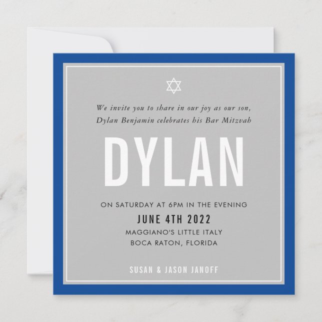 BAR MITZVAH modern name grey royal blue DYLAN Invitation (Front)