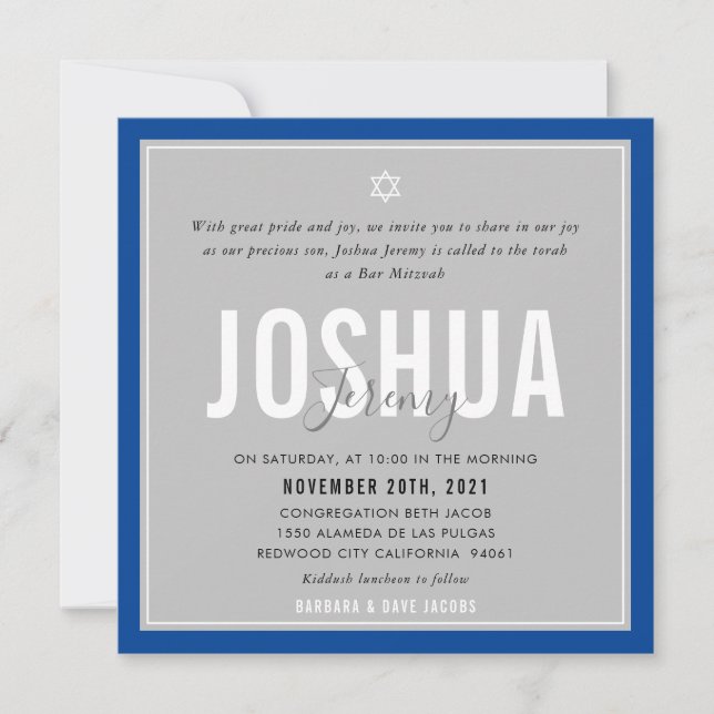 BAR MITZVAH modern name grey royal blue Invitation (Front)