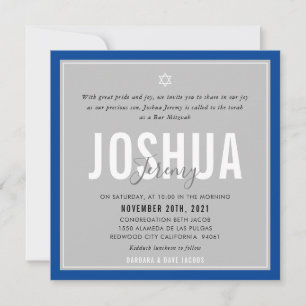 BAR MITZVAH modern name grey royal blue Invitation