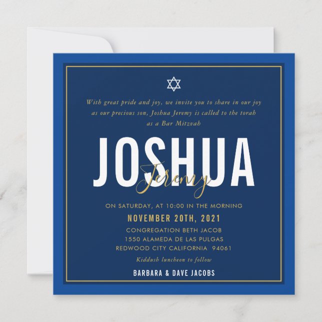BAR MITZVAH modern name navy blue gold Invitation (Front)