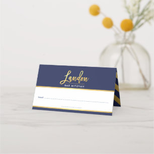 BAR MITZVAH modern navy blue + gold name LANDON Place Card
