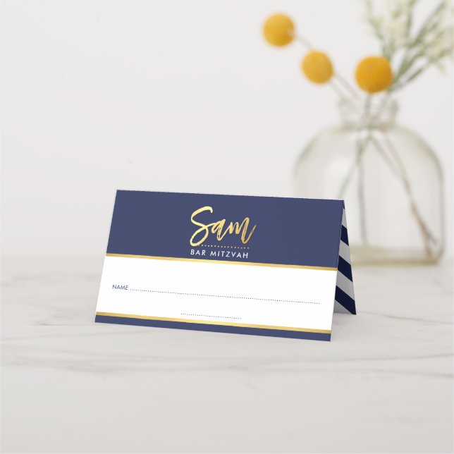 BAR MITZVAH modern navy blue + gold name SAM Place Card (Front)