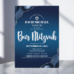 Bar Mitzvah Modern Navy Blue Ombre Agate Script In Invitation<br><div class="desc">Be proud, rejoice and showcase this milestone of your favorite Bar Mitzvah! Send out this cool, unique, modern, personalized invitation for an event to remember. White script typography and Star of David overlay a deep navy blue ombre background with steel blue agate accented with faux silver veins. Personalize the custom...</div>