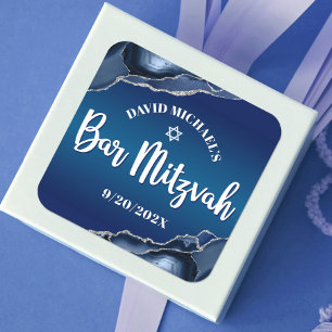 Bar Mitzvah Modern Navy Blue Ombre Agate Script  Square Sticker