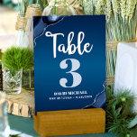 Bar Mitzvah Modern Navy Blue Ombre Agate Script Table Number<br><div class="desc">No Bar Mitzvah party is complete without personalised table number cards. Let your son be proud, rejoice and celebrate his milestone at his perfectly coordinated party. White calligraphy script, light blue grey and white typography, and steel blue agate rocks accented with faux silver veins overlay a deep navy blue ombre...</div>