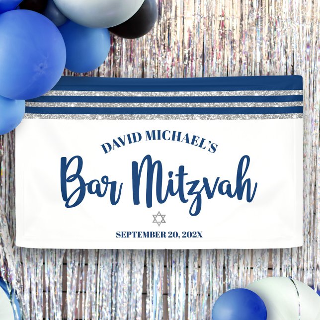Bar Mitzvah Modern Navy Blue Silver Tallit Script  Banner (Creator Uploaded)