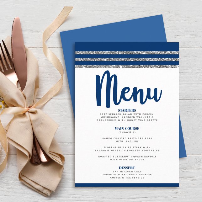 Bar Mitzvah Modern Navy Blue Silver Tallit Script Menu (Creator Uploaded)
