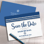 Bar Mitzvah Modern Navy Blue Silver Tallit Script  Save The Date<br><div class="desc">Make sure all your friends and relatives will be able to celebrate your son’s milestone Bar Mitzvah! Send out this cool, unique, modern, personalised “Save the Date” announcement card. Bold, navy blue script typography, Star of David and a navy blue and silver glitter striped tallit inspired graphic overlay a simple,...</div>