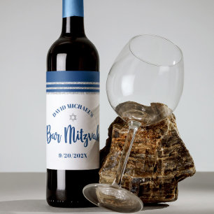 Bar Mitzvah Modern Navy Blue Silver Tallit Script  Wine Label