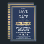 Bar Mitzvah Modern Navy Blue White Faux Gold Save The Date<br><div class="desc">Invite family and friends to an elegant bar mitzvah ceremony and celebration for him with this navy blue, white, and faux gold foil save the date invitation. All text is simple to customise, so it can include any wording regarding the service, Torah reading, and party. Design features faux metallic foil...</div>