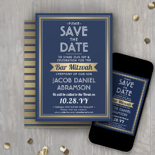 Bar Mitzvah Modern Navy Blue White Faux Gold Save The Date