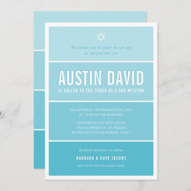 BAR MITZVAH modern ombre gradient bright sky blue Invitation (Front/Back)