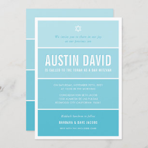 BAR MITZVAH modern ombre gradient bright sky blue Invitation