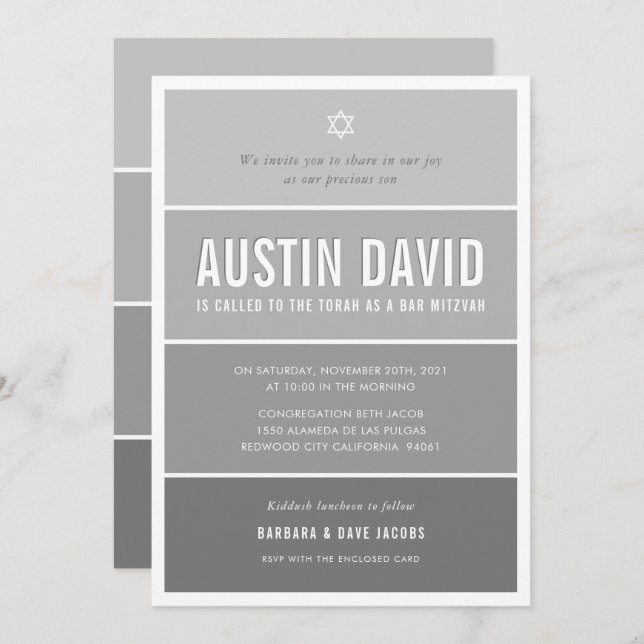 BAR MITZVAH modern ombre gradient medium grey grey Invitation (Front/Back)