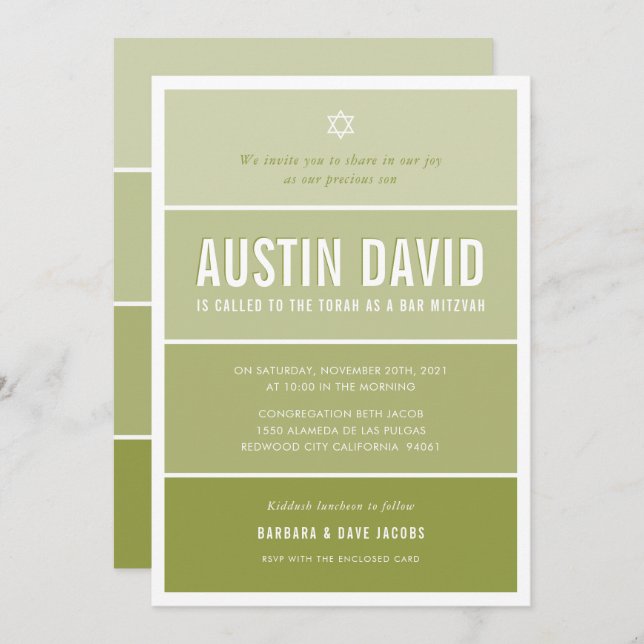 BAR MITZVAH modern ombre gradient olive green Invitation (Front/Back)