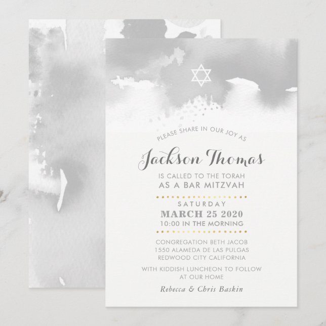 BAR MITZVAH modern pale grey grey watercolor Invitation (Front/Back)