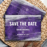 Bar Mitzvah Modern Purple Watercolor Silver Foil Save The Date<br><div class="desc">Make sure all your friends and relatives will be able to celebrate your son’s milestone Bar Mitzvah! Send out this cool, unique, modern, personalised “Save the Date” announcement card. Metallic silver foil brush strokes and Star of David, along with bold, white typography, overlay a rich, dark purple ombre watercolor background....</div>