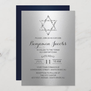 Bar Mitzvah Modern Silver & Blue Star of David Invitation