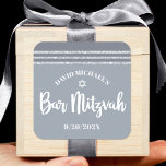 Bar Mitzvah Modern Silver Grey Tallit Bold Script  Square Sticker<br><div class="desc">Be proud, rejoice and showcase this milestone of your favourite Bar Mitzvah! Use this cool, unique, modern, personalised sticker to add to his special day. Bold, white script typography, Star of David, and a soft grey and silver glitter striped tallit inspired graphic overlay a simple, lighter soft grey background. Personalise...</div>