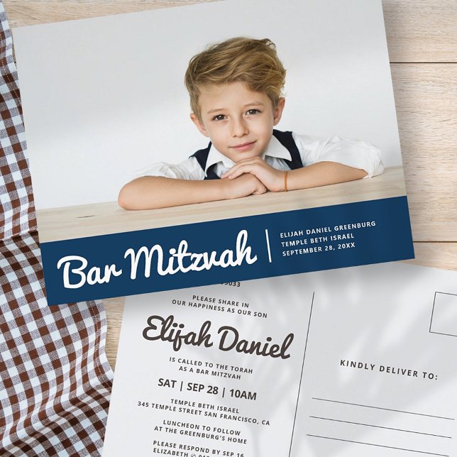 Bar Mitzvah Modern Simple Custom Photo Invitation Postcard (Creator Uploaded)