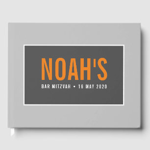 BAR MITZVAH modern simply boy grey charcoal orange Guest Book