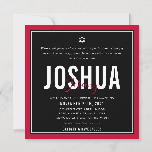 BAR MITZVAH modern sporty nfl football black red Invitation (Front)