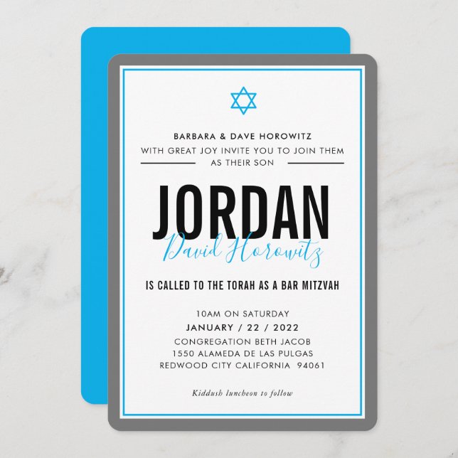 BAR MITZVAH modern star boy aqua blue grey simple Invitation (Front/Back)