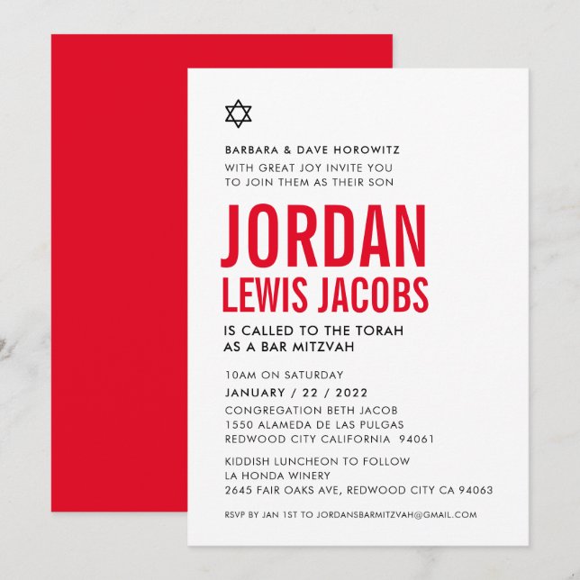 BAR MITZVAH modern star boy black white red  Invitation (Front/Back)