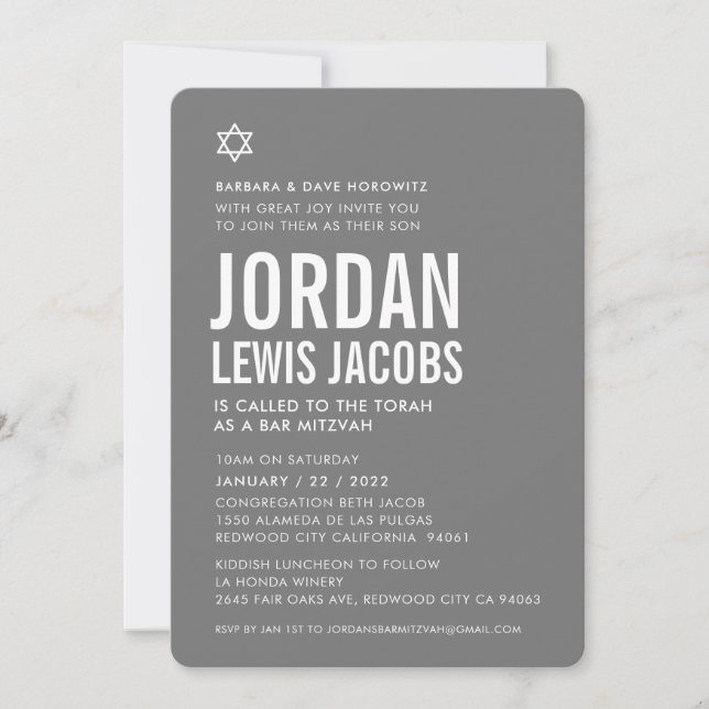 BAR MITZVAH modern star boy grey white simple Invitation (Front)