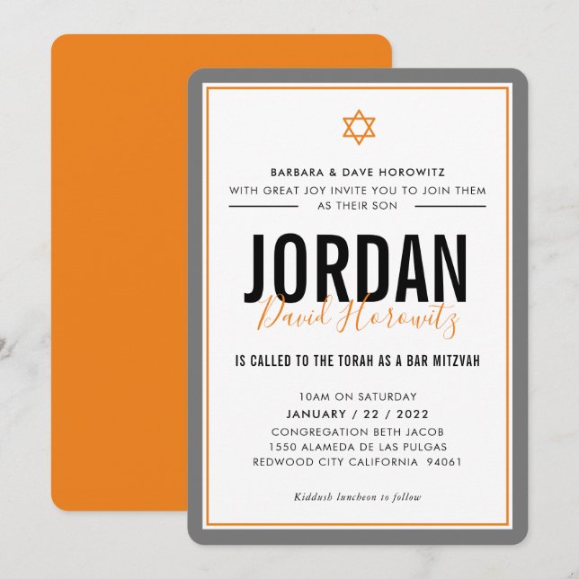 BAR MITZVAH modern star boy orange grey simple Invitation (Front/Back)