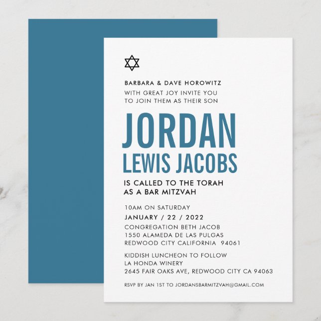 BAR MITZVAH modern star boy simple denim blue Invitation (Front/Back)