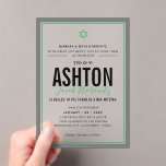 BAR MITZVAH modern star boy sporty green gray Acrylic Invitations<br><div class="desc">by kat massard >>> kat@simplysweetPAPERIE.com <<< CONTACT ME for custom wording or to add any lines in Hebrew Love the design, but would like to see some changes - another color scheme, product, add a photo or adapted for a different occasion - no worries simply contact me - I am...</div>