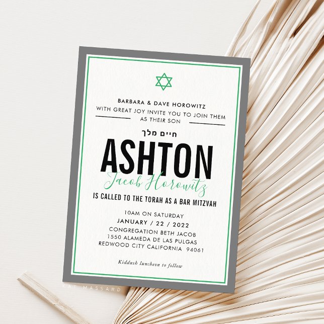 BAR MITZVAH modern star boy sporty green grey Invitation (Creator Uploaded)