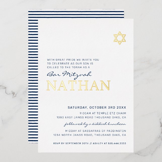 BAR MITZVAH modern star navy blue gold Foil (Front/Back)