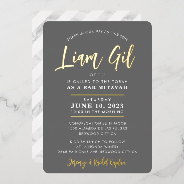 BAR MITZVAH modern stylish calligraphy grey gold (Front/Back)
