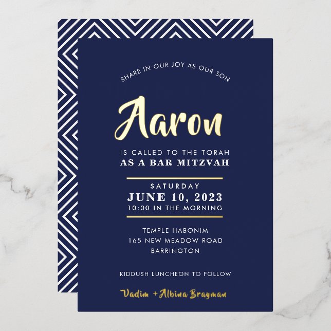 BAR MITZVAH modern stylish calligraphy navy gold (Front/Back)