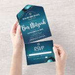 Bar Mitzvah Modern Turquoise Ombre Agate Script All In One Invitation<br><div class="desc">Be proud, rejoice and showcase this milestone of your favourite Bar Mitzvah! Send out this cool, unique, modern, custom all-in-one invitation for an event to remember. White script typography and a faux gold Star of David overlay a deep turquoise teal blue ombre background with turquoise blue agate accented with faux...</div>