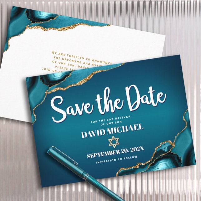 Bar Mitzvah Modern Turquoise Ombre Agate Script Save The Date (Creator Uploaded)