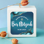 Bar Mitzvah Modern Turquoise Ombre Agate Script Square Sticker<br><div class="desc">Be proud, rejoice and showcase this milestone of your favourite Bar Mitzvah! Use this cool, unique, modern, personalised sticker to add to his special day. White calligraphy script, bold white sans serif typography, and a faux gold Star of David overlay a deep turquoise teal blue ombre background with turquoise blue...</div>