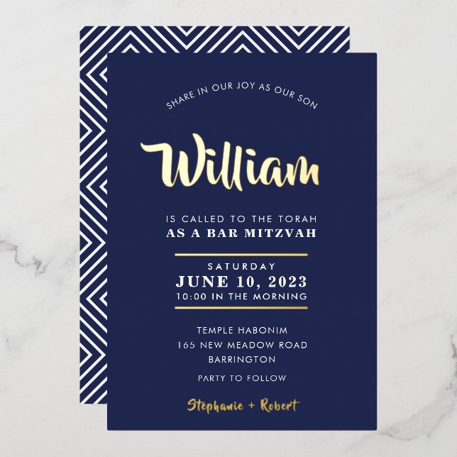 BAR MITZVAH modern typography calligraphy navy (Front/Back)