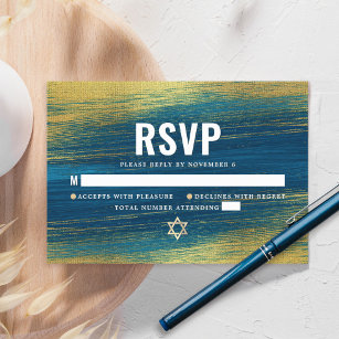 Bar Mitzvah Modern Typography Turquoise Gold Foil  RSVP Card