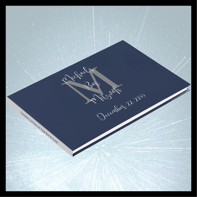 Bar Mitzvah Monogram Blue Grey White Sign-In Guest Book (Creator Uploaded)