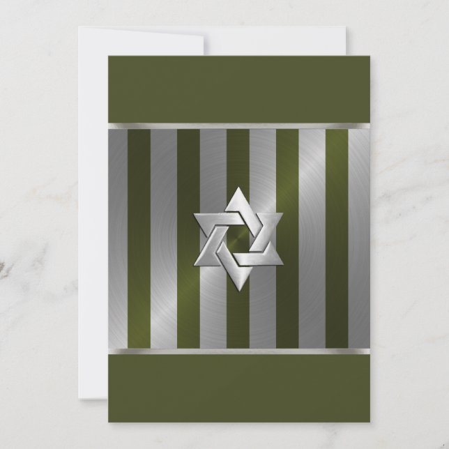 Bar Mitzvah Moss Green and Silver Stripe Invitation (Front)