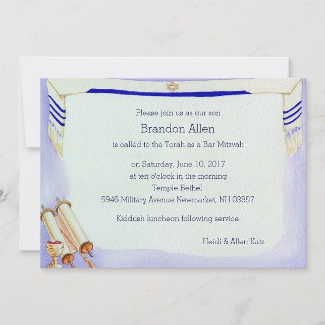 Bar Mitzvah Motifs in Watercolor Invitation (Front)